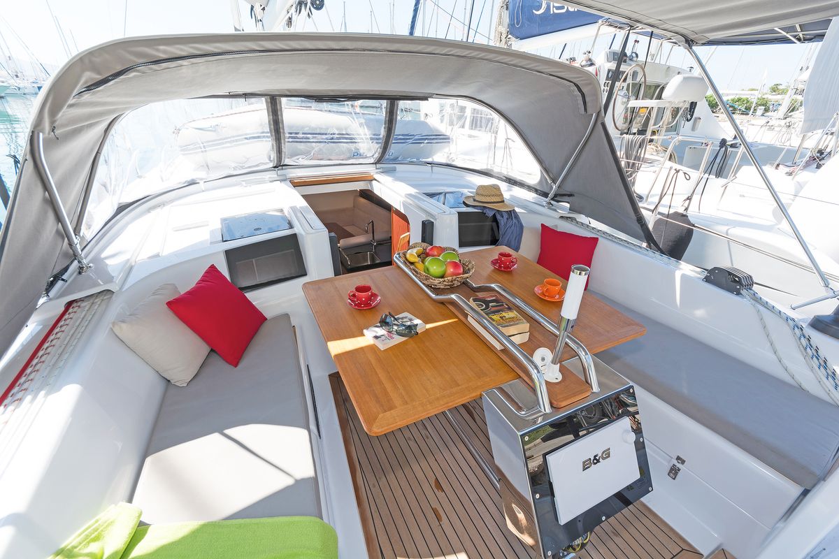 Deck of Capriccio, a Hanse Yachts Hanse 385 sailboat at Lavreotiki Municipal Unit, Greece