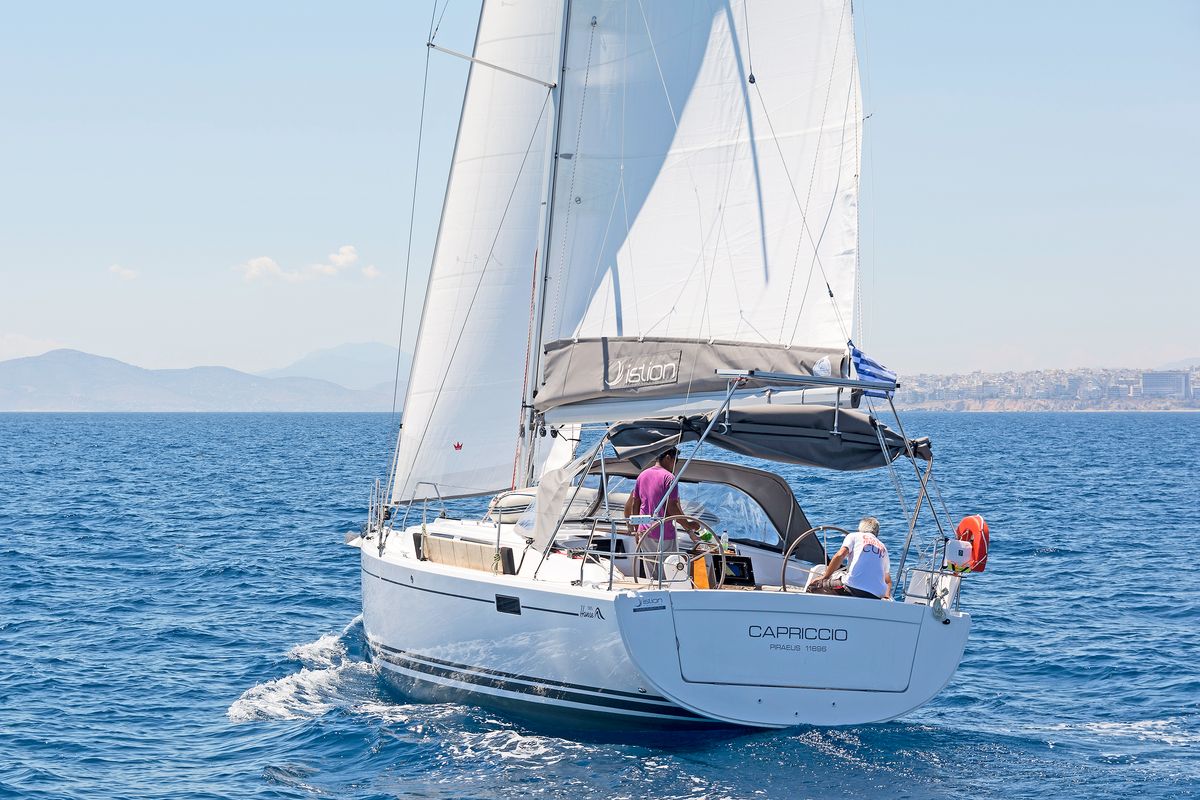 Exterior view of Capriccio, a Hanse Yachts Hanse 385 sailboat at Lavreotiki Municipal Unit, Greece
