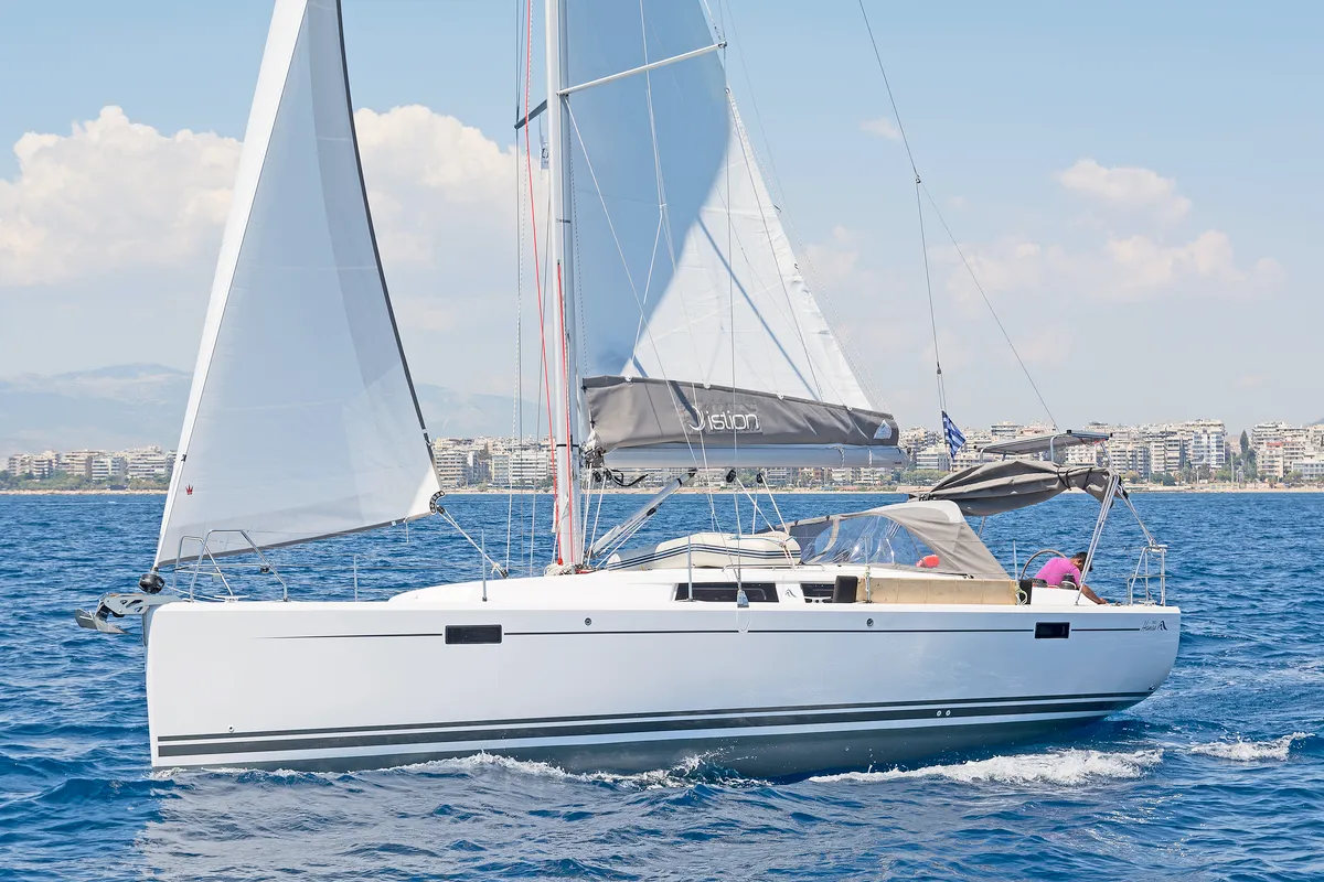 Exterior view of Capriccio, a Hanse Yachts Hanse 385 sailboat at Lavreotiki Municipal Unit, Greece