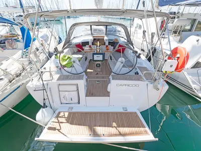 Cockpit of Capriccio, a Hanse Yachts Hanse 385 sailboat at Lavreotiki Municipal Unit, Greece
