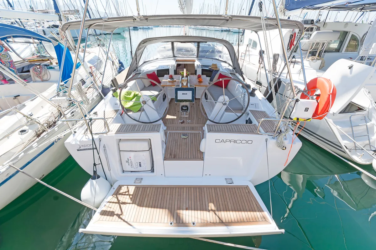 Cockpit of Capriccio, a Hanse Yachts Hanse 385 sailboat at Lavreotiki Municipal Unit, Greece