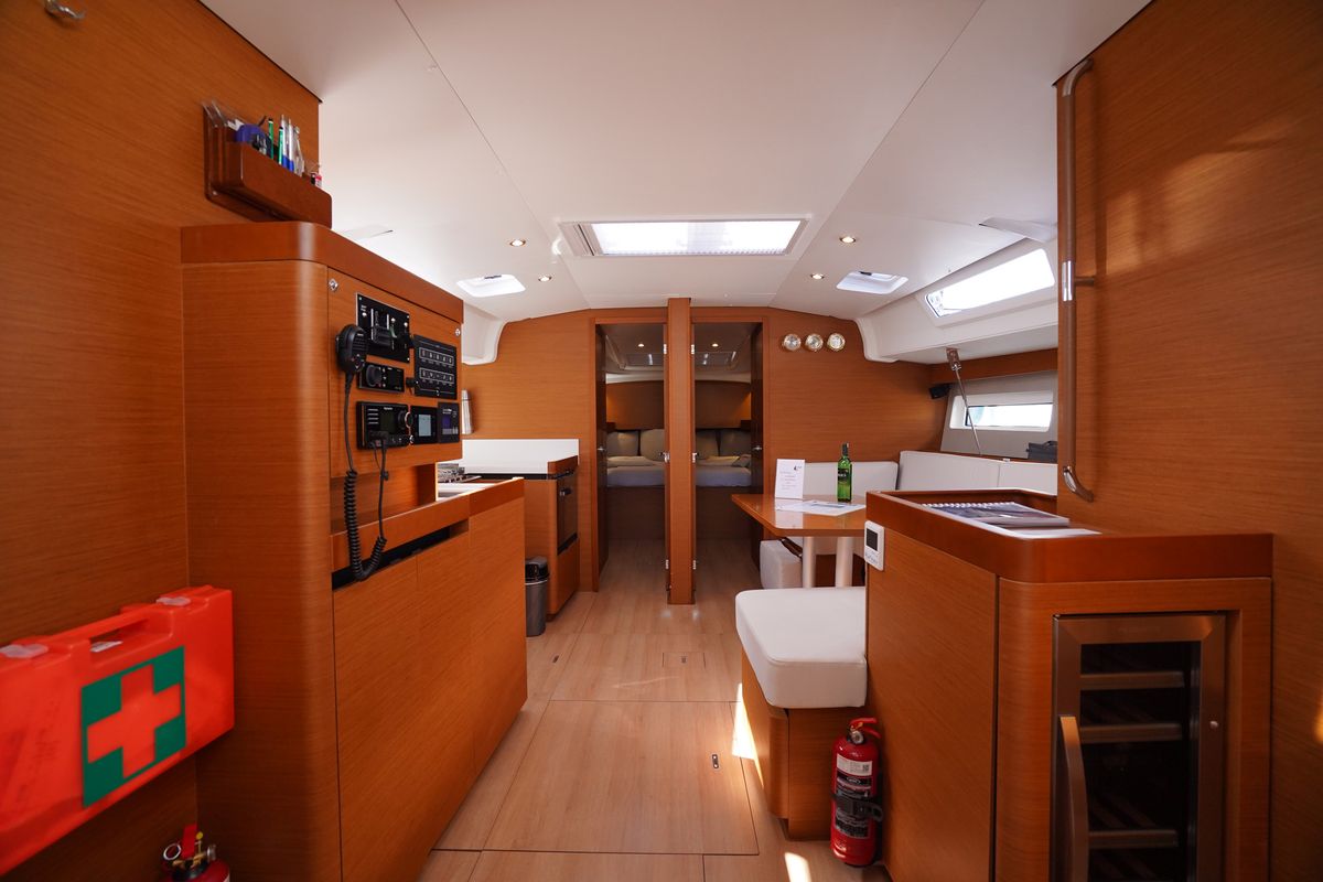 Salon of Red Marlin, a Jeanneau Sun Odyssey 490 sailboat at Marmaris, Turkey