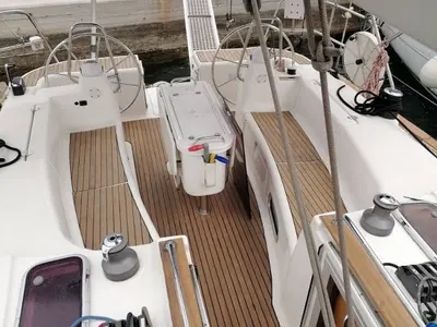 Cockpit of Orion VI, a Bavaria 44 sailboat at Volos Municipality, Greece