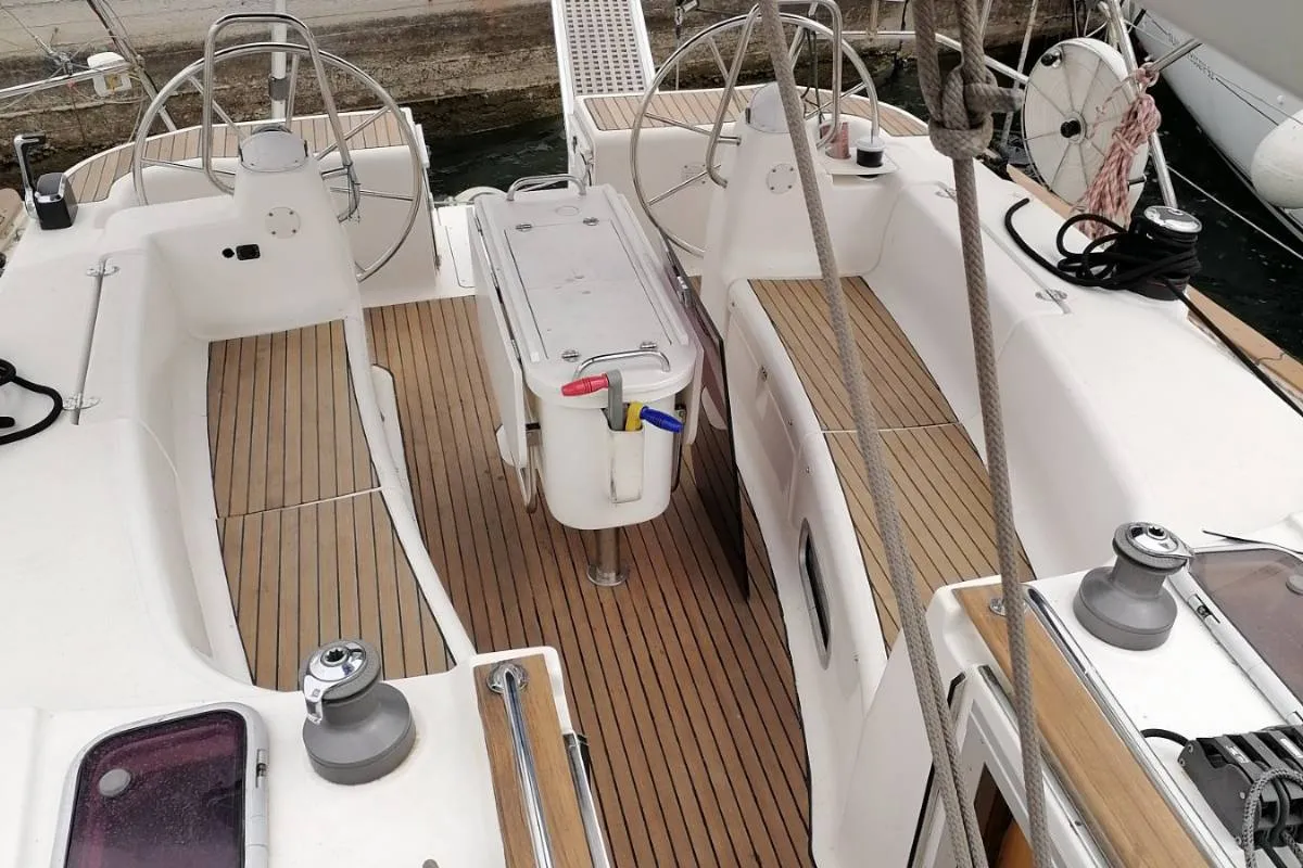 Cockpit of Orion VI, a Bavaria 44 sailboat at Volos Municipality, Greece