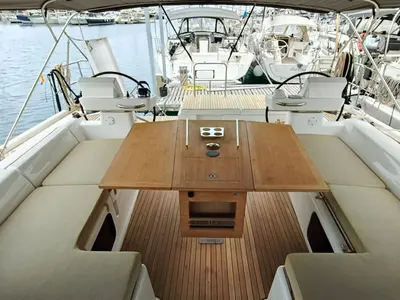 Deck of Razzmatazz, a Dufour 56 Exclusive sailboat at Syracuse, Italy