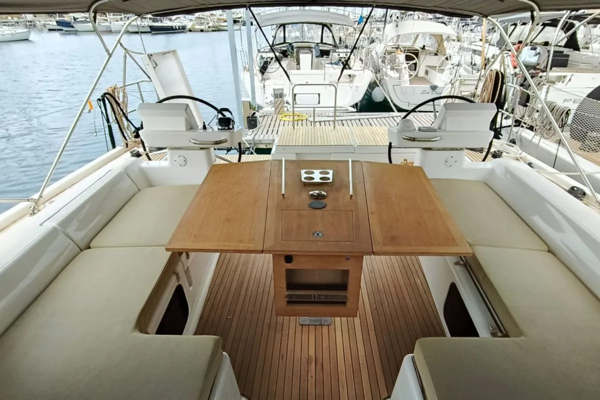 Deck of Razzmatazz, a Dufour 56 Exclusive sailboat at Syracuse, Italy