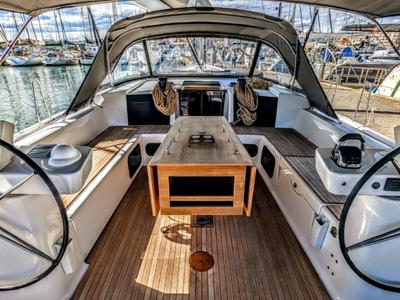Cockpit of Razzmatazz, a Dufour 56 Exclusive sailboat at Syracuse, Italy