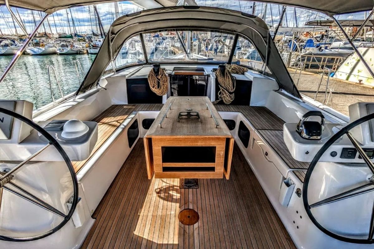 Cockpit of Razzmatazz, a Dufour 56 Exclusive sailboat at Syracuse, Italy