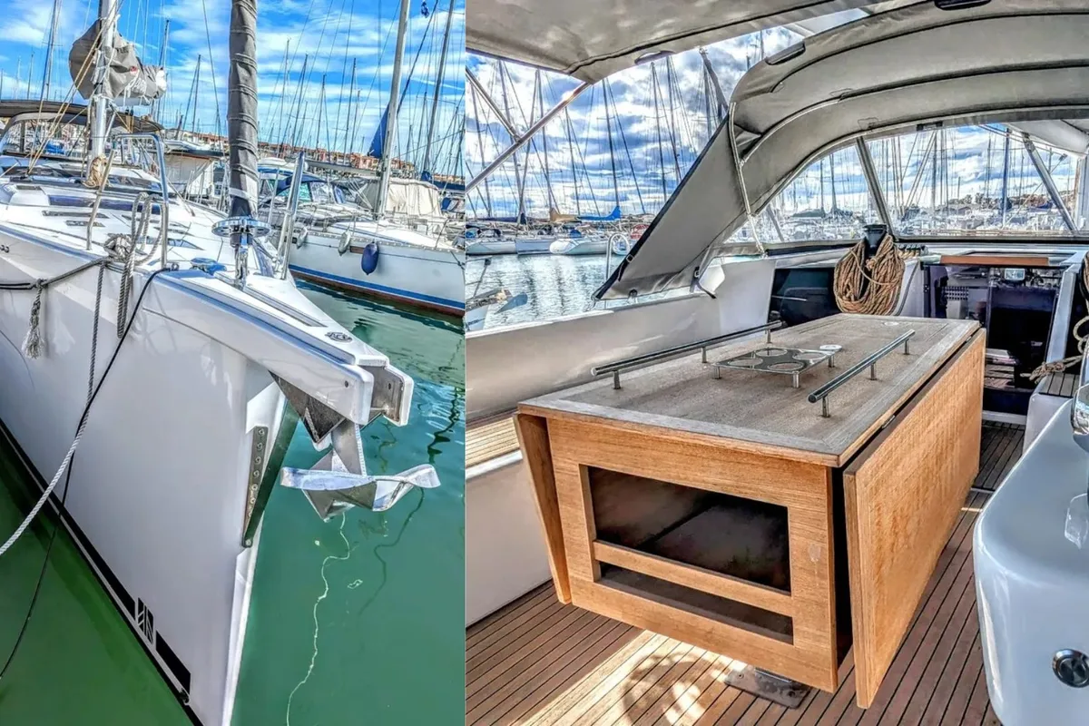 Exterior view of Razzmatazz, a Dufour 56 Exclusive sailboat at Syracuse, Italy