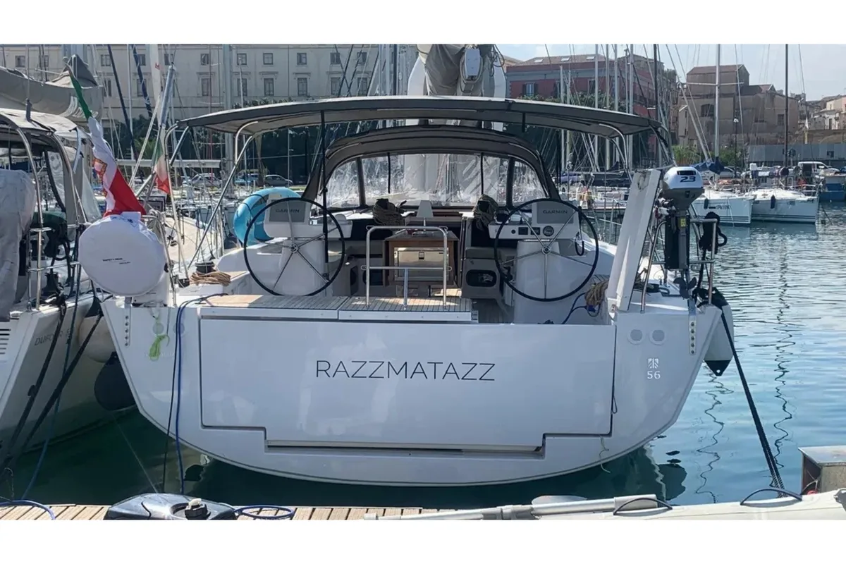 Exterior view of Razzmatazz, a Dufour 56 Exclusive sailboat at Syracuse, Italy