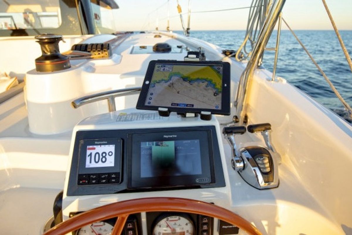 Cockpit of Ella, a Excess 11 catamaran at Mytikas, Greece