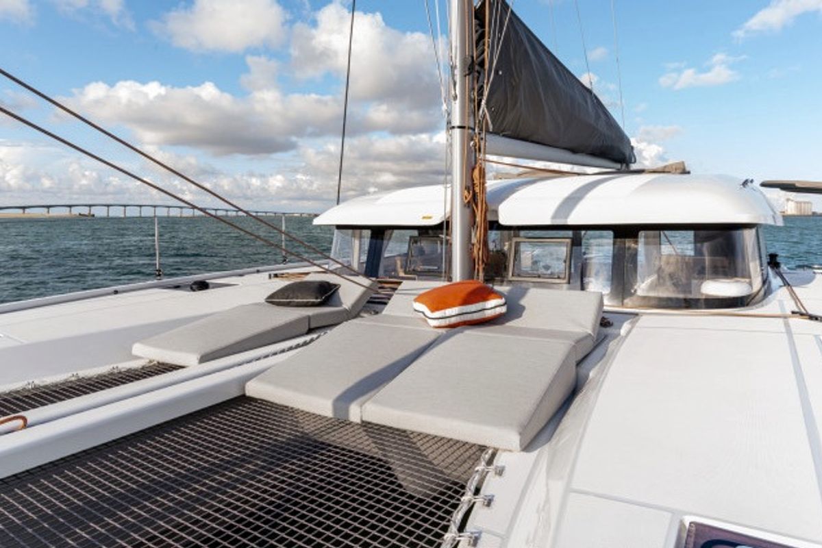 Deck of Ella, a Excess 11 catamaran at Mytikas, Greece