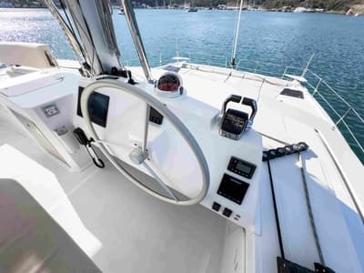 Cockpit of La Brise 2, a Bali 5.4 catamaran at Fethiye, Turkey