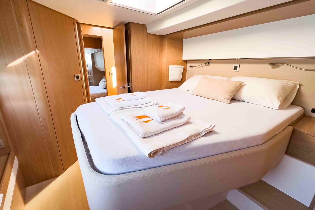 Cabin on La Brise 2, a Bali 5.4 catamaran at Fethiye, Turkey