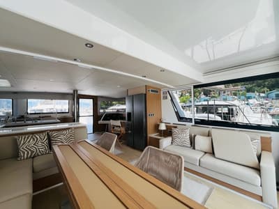 Salon of La Brise 2, a Bali 5.4 catamaran at Fethiye, Turkey
