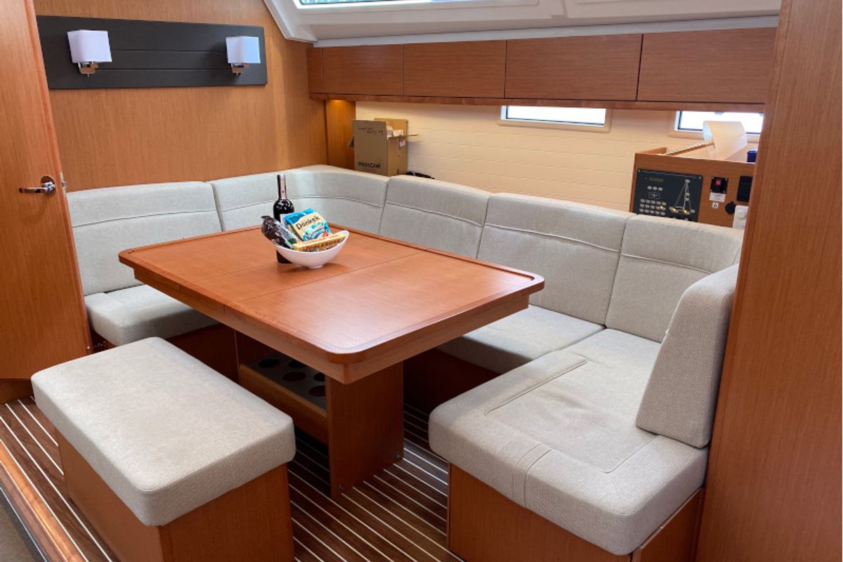 Salon of Chagla, a Bavaria Cruiser 46 sailboat at Fethiye, Turkey