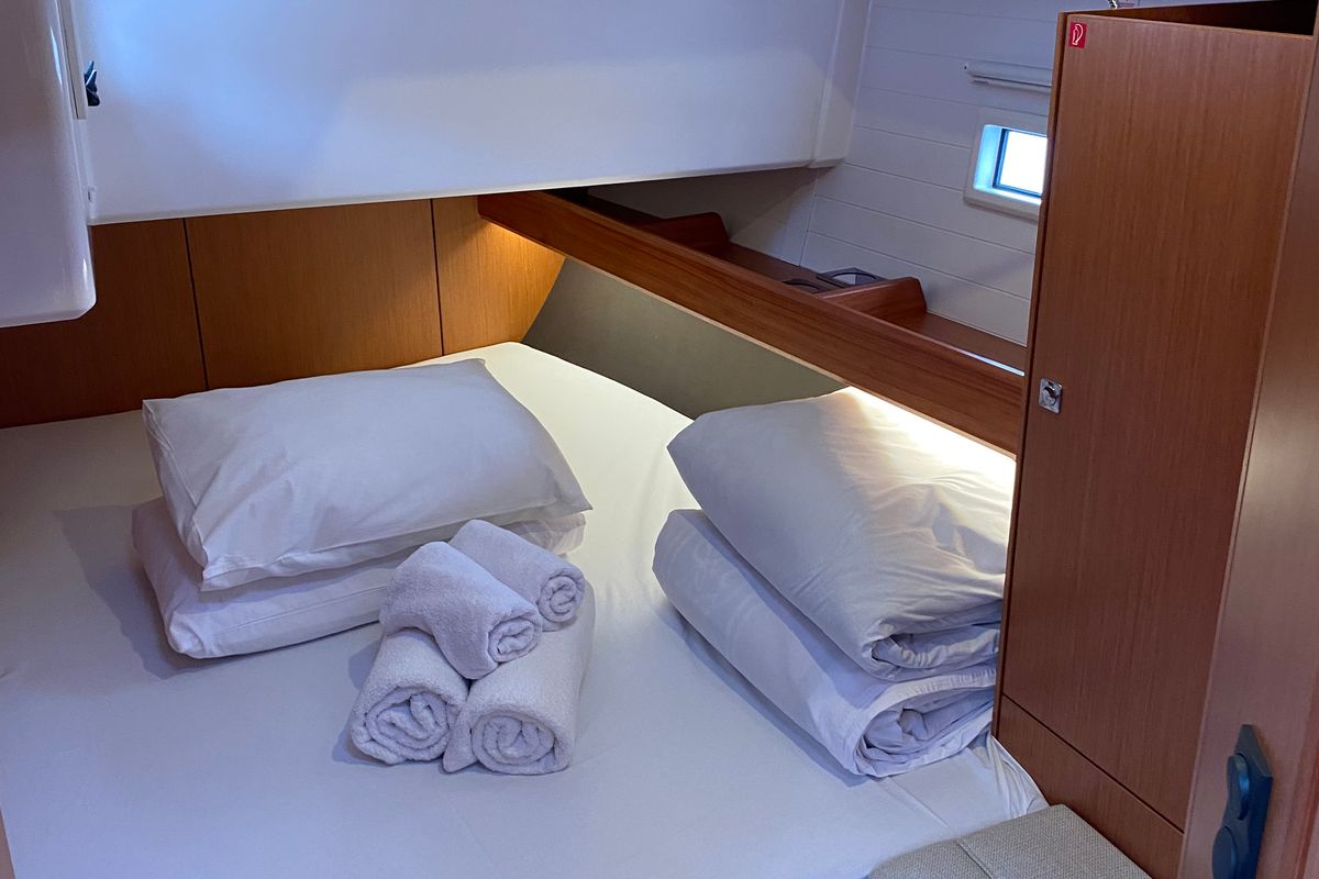 Cabin on Chagla, a Bavaria Cruiser 46 sailboat at Fethiye, Turkey