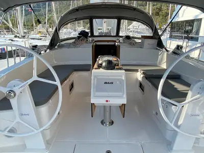 Cockpit of Chagla, a Bavaria Cruiser 46 sailboat at Fethiye, Turkey