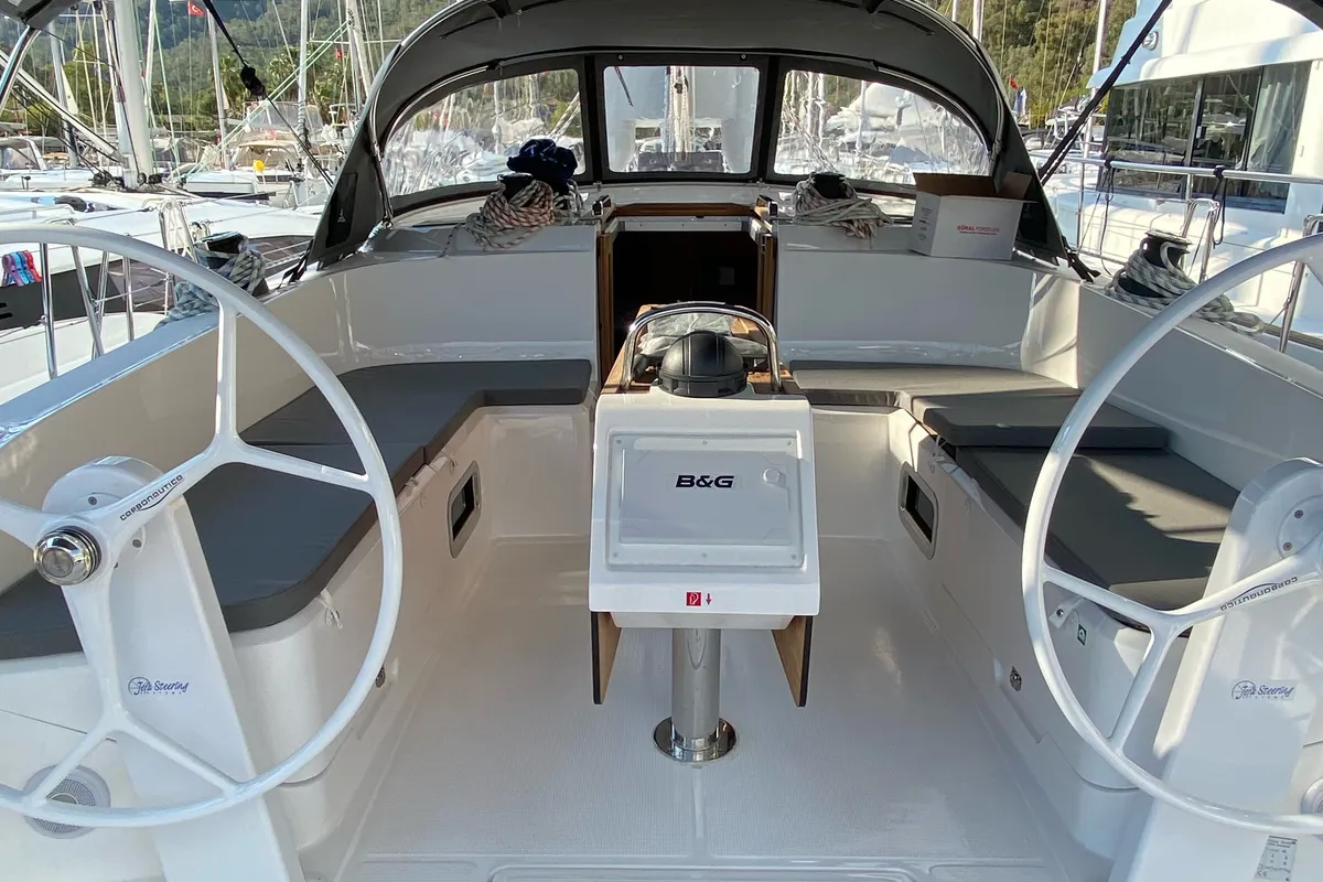 Cockpit of Chagla, a Bavaria Cruiser 46 sailboat at Fethiye, Turkey