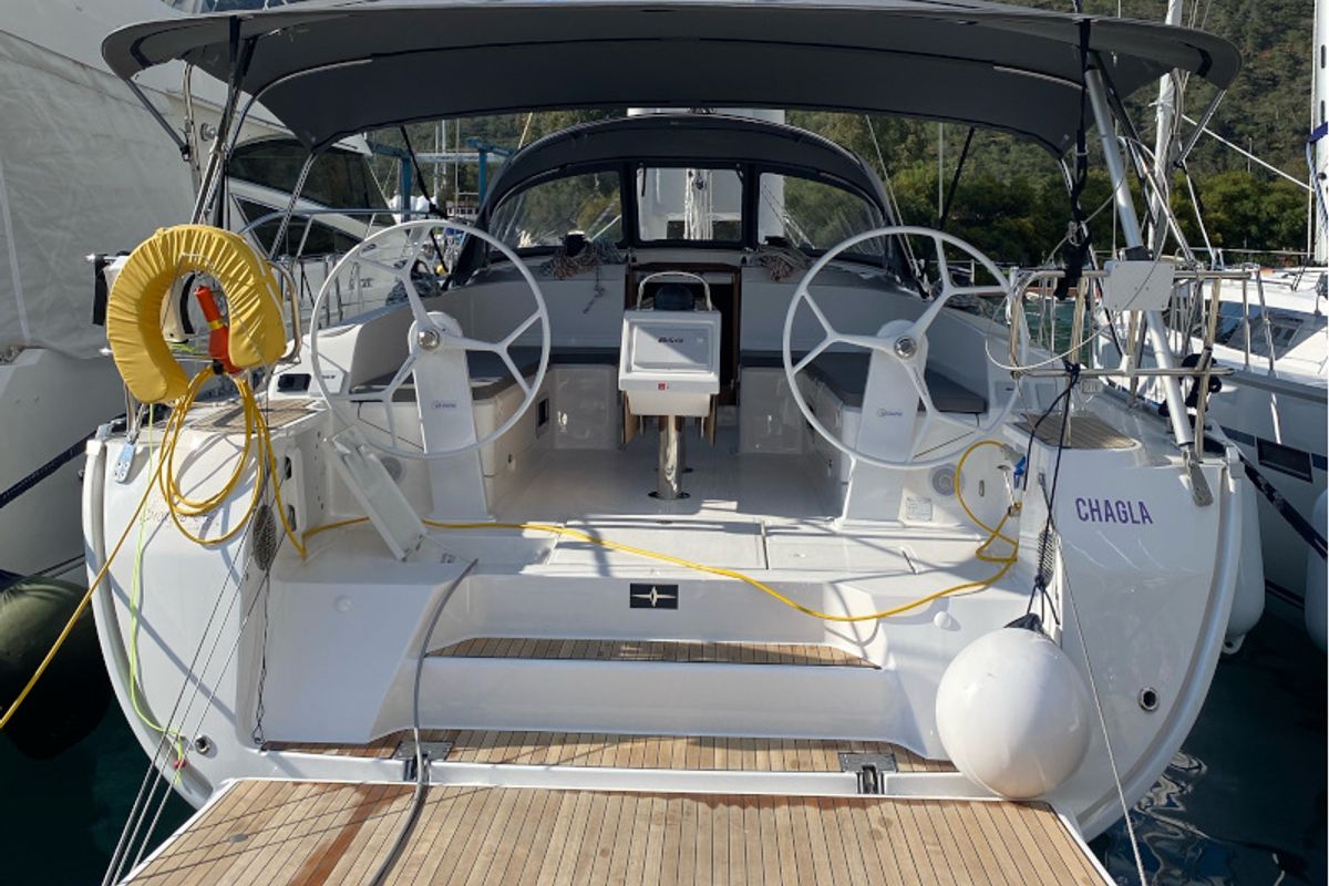 Exterior view of Chagla, a Bavaria Cruiser 46 sailboat at Fethiye, Turkey