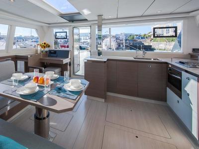 Salon of Moorings 4200/4 Exclusive, a Leopard 42 catamaran at Gouvia, Greece