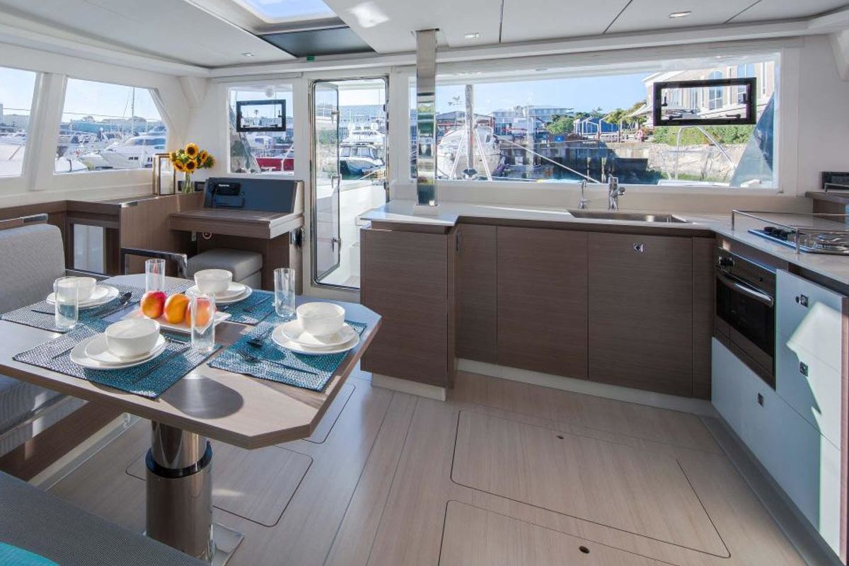 Salon of Moorings 4200/4 Exclusive, a Leopard 42 catamaran at Gouvia, Greece
