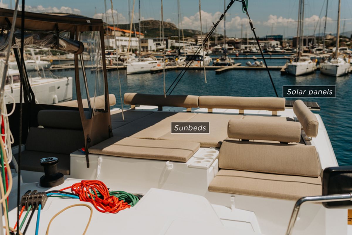 Deck of Nor, a Bali Catspace catamaran at Grad Šibenik, Croatia