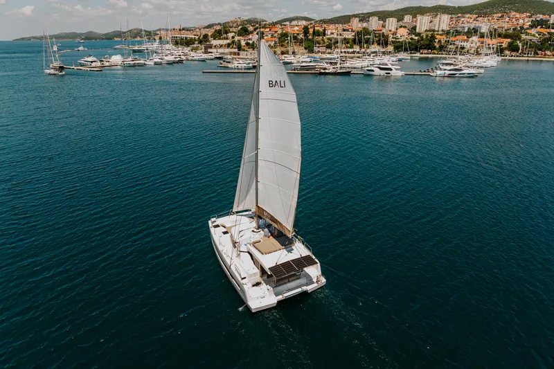 Exterior view of Nor, a Bali Catspace catamaran at Grad Šibenik, Croatia
