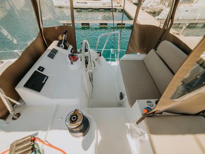 Cockpit of Nor, a Bali Catspace catamaran at Grad Šibenik, Croatia