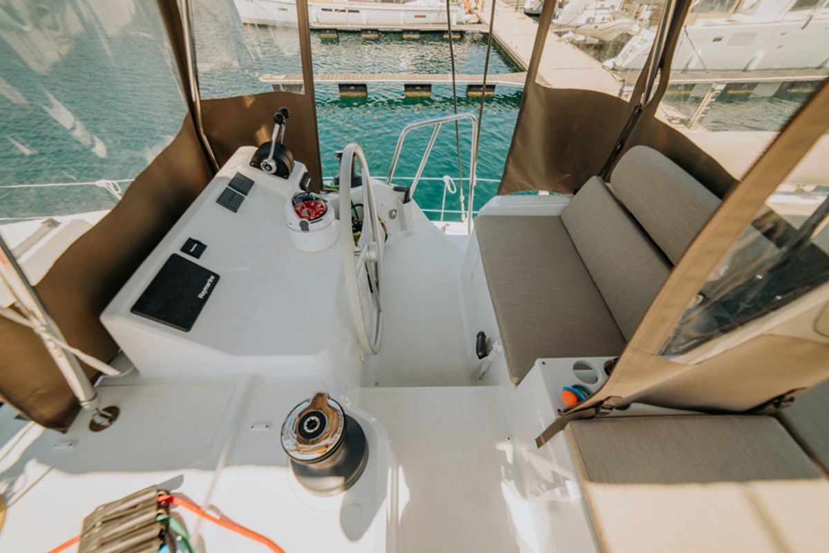 Cockpit of Nor, a Bali Catspace catamaran at Grad Šibenik, Croatia
