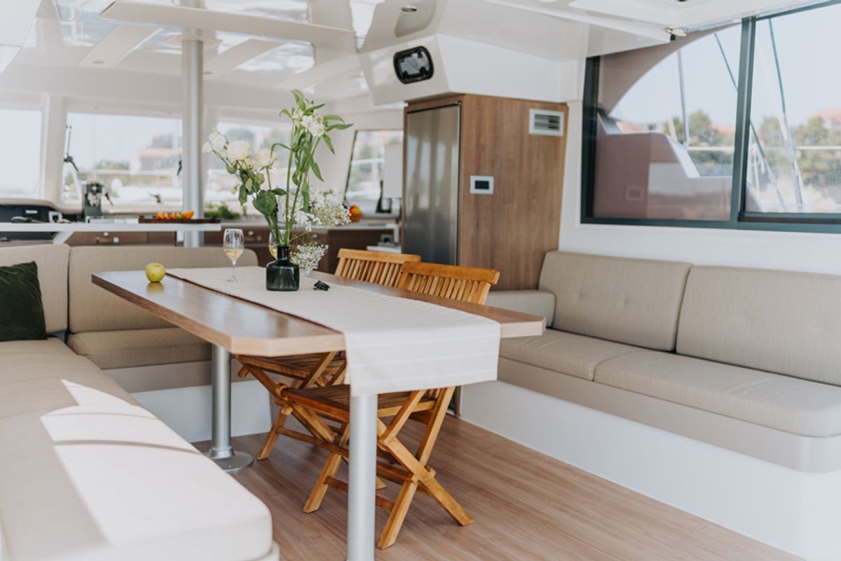 Salon of Nor, a Bali Catspace catamaran at Grad Šibenik, Croatia