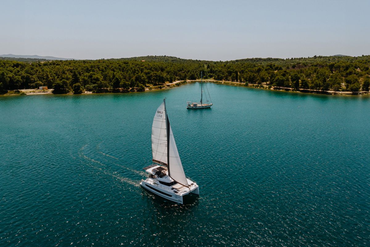 Exterior view of Nor, a Bali Catspace catamaran at Grad Šibenik, Croatia