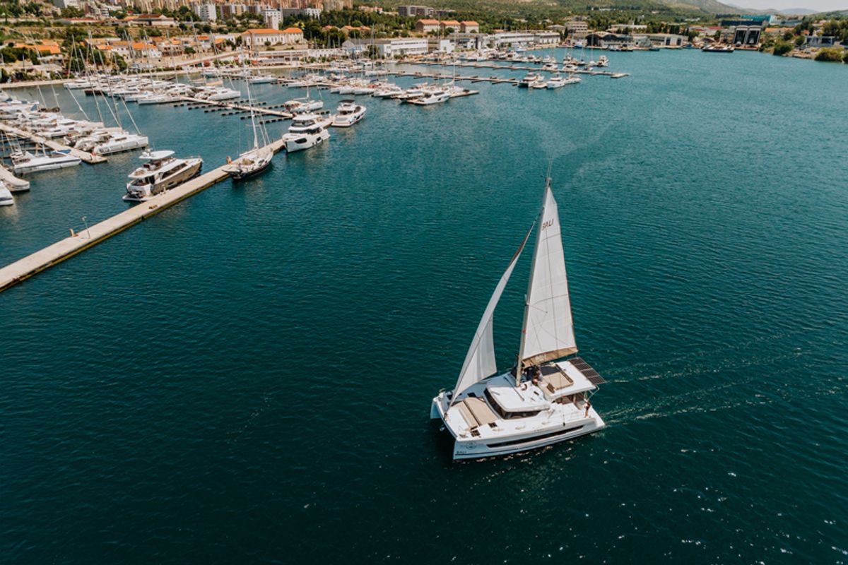 Exterior view of Nor, a Bali Catspace catamaran at Grad Šibenik, Croatia