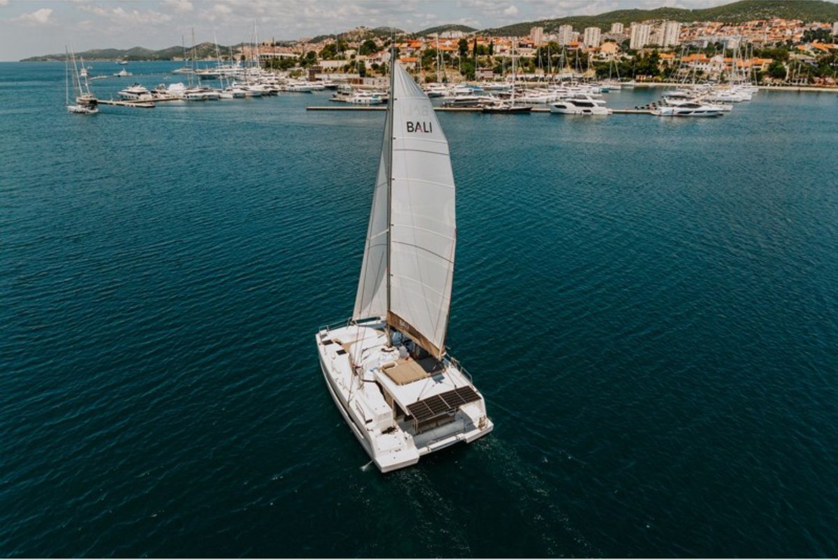 Exterior view of Nor, a Bali Catspace catamaran at Grad Šibenik, Croatia