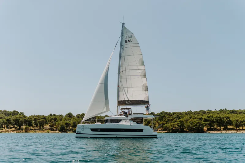 Exterior view of Nor, a Bali Catspace catamaran at Grad Šibenik, Croatia