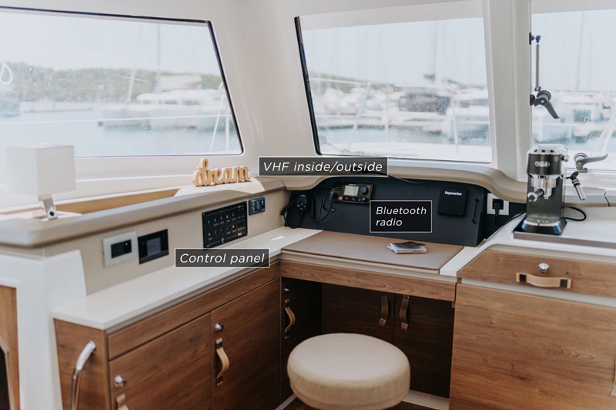 Cockpit of Nor, a Bali Catspace catamaran at Grad Šibenik, Croatia