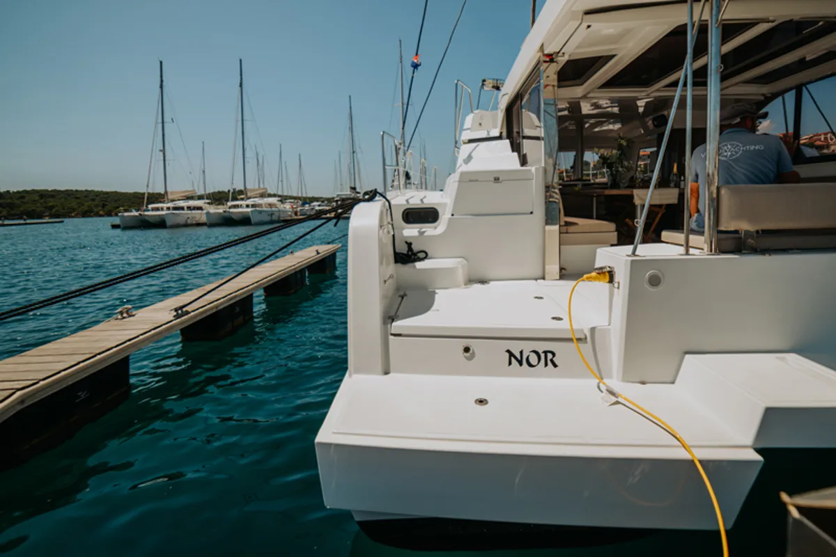 Exterior view of Nor, a Bali Catspace catamaran at Grad Šibenik, Croatia