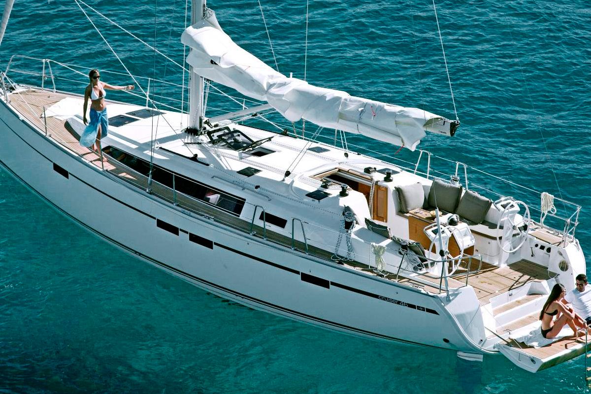 Exterior view of Michael, a Bavaria Cruiser 46 sailboat at Kos, Greece