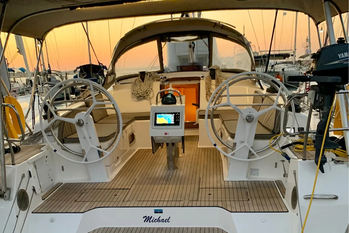 Cockpit of Michael, a Bavaria Cruiser 46 sailboat at Kos, Greece