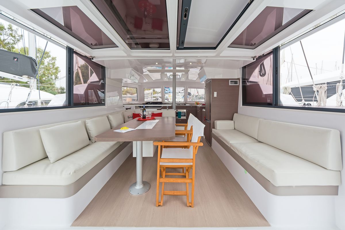 Salon of Waterlily, a Bali Catspace catamaran at Municipal Unit of Lefkada, Greece
