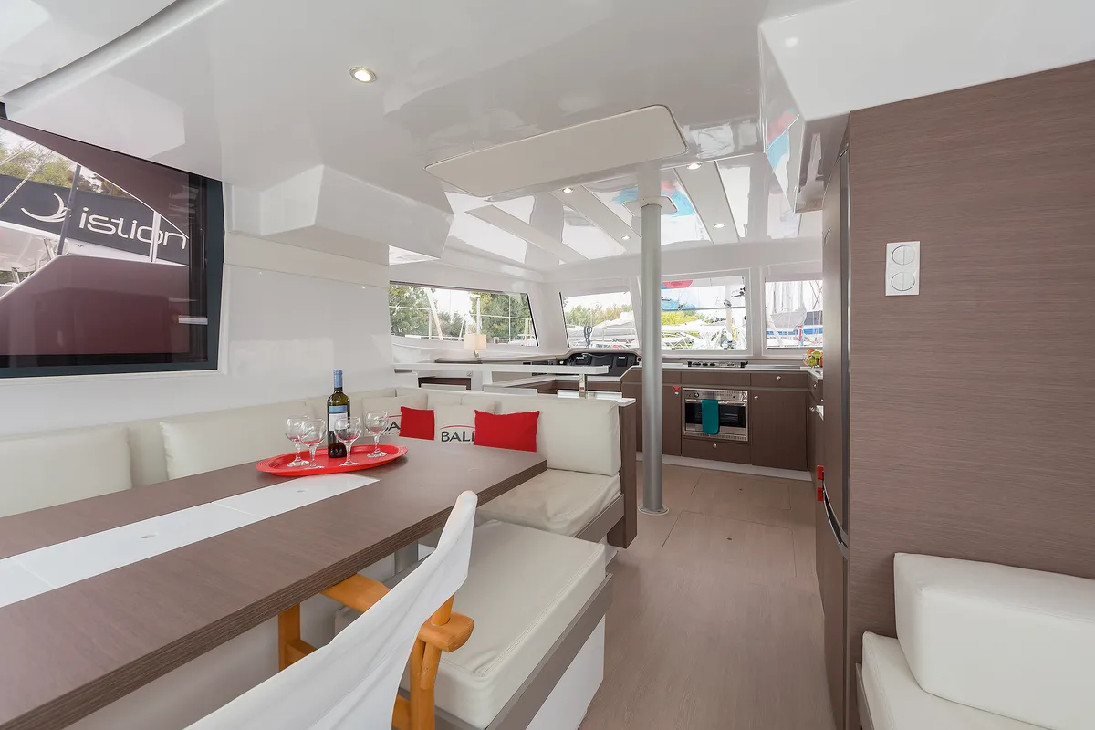 Salon of Waterlily, a Bali Catspace catamaran at Municipal Unit of Lefkada, Greece