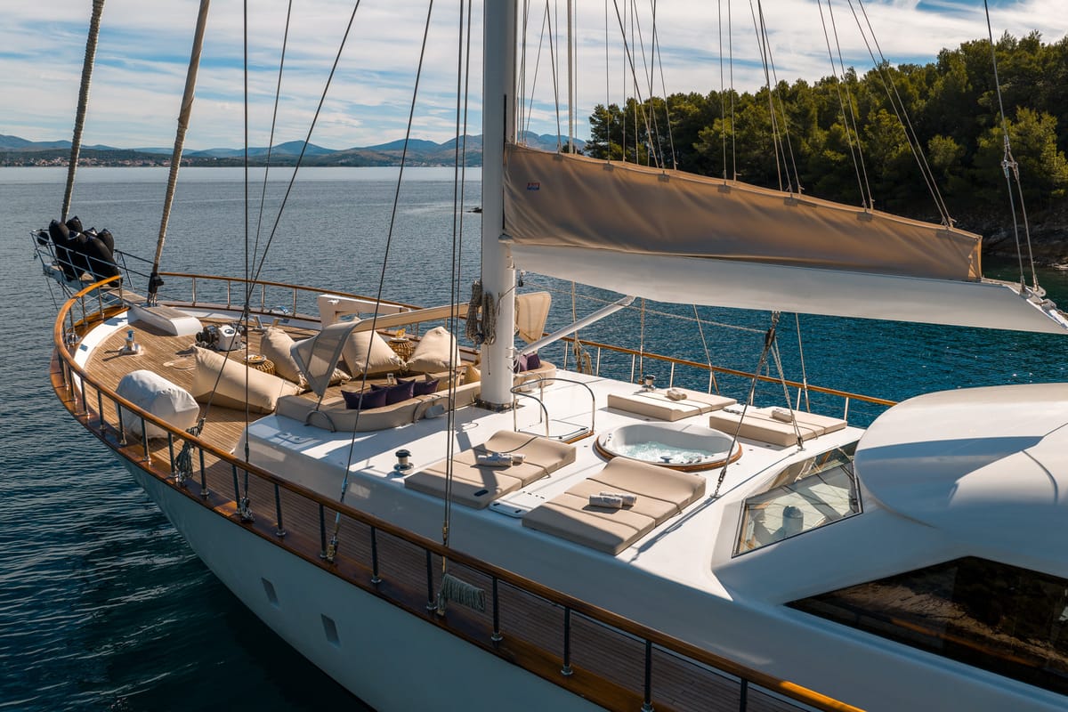 Deck of Alessandro I, a Gulet Luxury Sailing Yacht sailboat at Split, Croatia