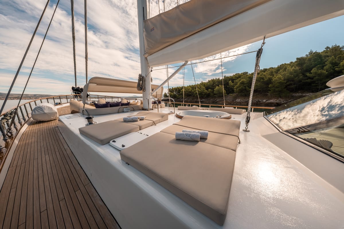 Deck of Alessandro I, a Gulet Luxury Sailing Yacht sailboat at Split, Croatia