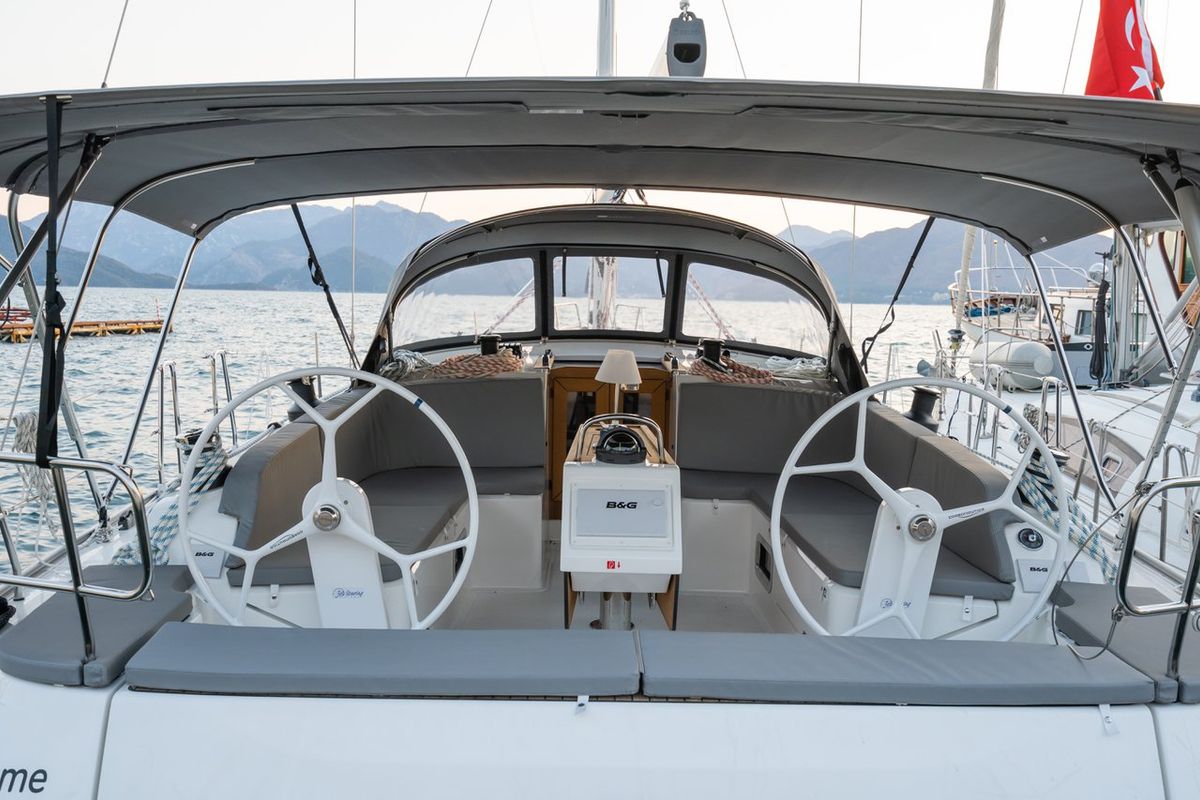 Cockpit of Classy, a Bavaria Cruiser 46 sailboat at Marmaris, Turkey