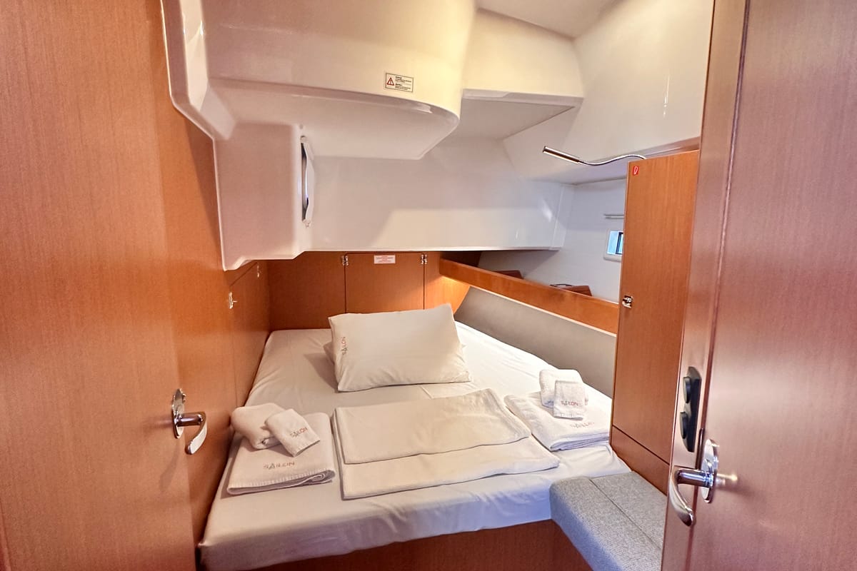 Cabin on Classy, a Bavaria Cruiser 46 sailboat at Marmaris, Turkey