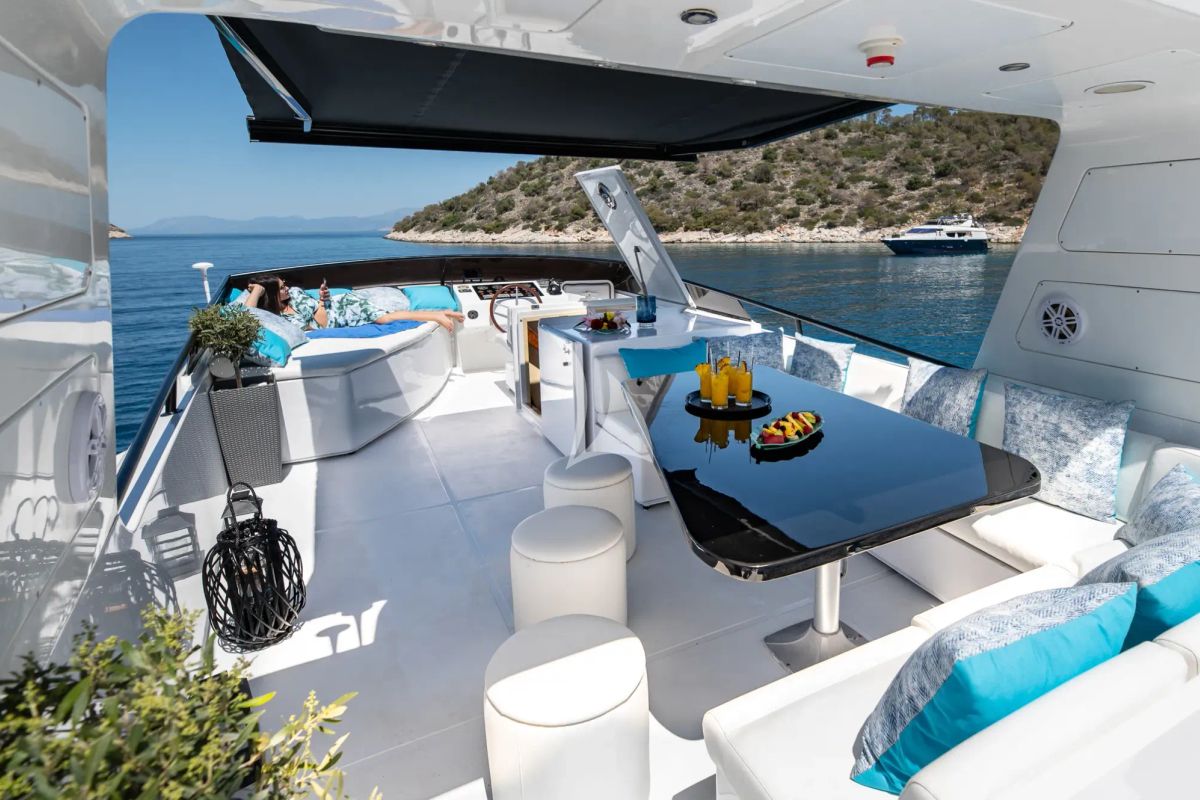 Deck of Wish, a Alfamarine 90 yacht at Athens, Greece