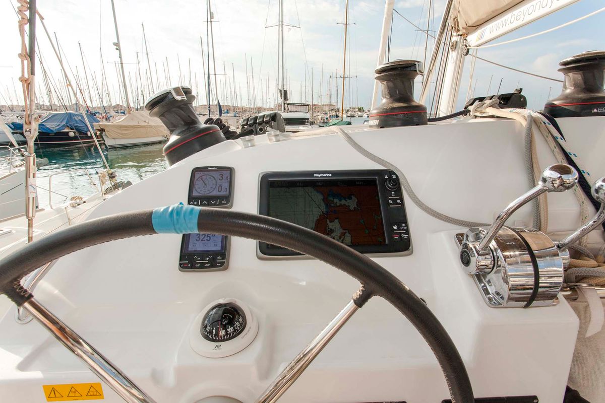 Cockpit of Tangerine Dream, a Lagoon 400 S2 catamaran at Municipal Unit of Lefkada, Greece