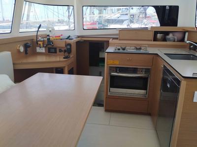 Salon of Ollydream, a Excess 11 catamaran at Skiathos, Greece