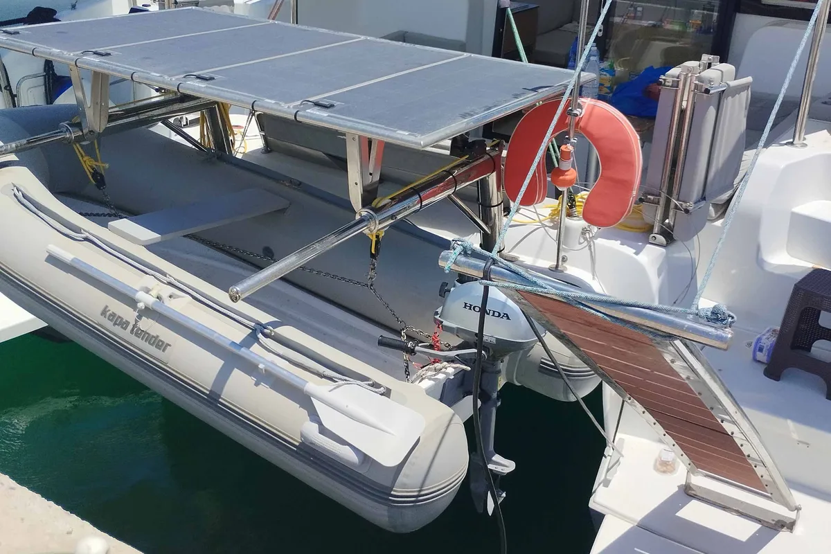 Exterior view of Ollydream, a Excess 11 catamaran at Skiathos, Greece