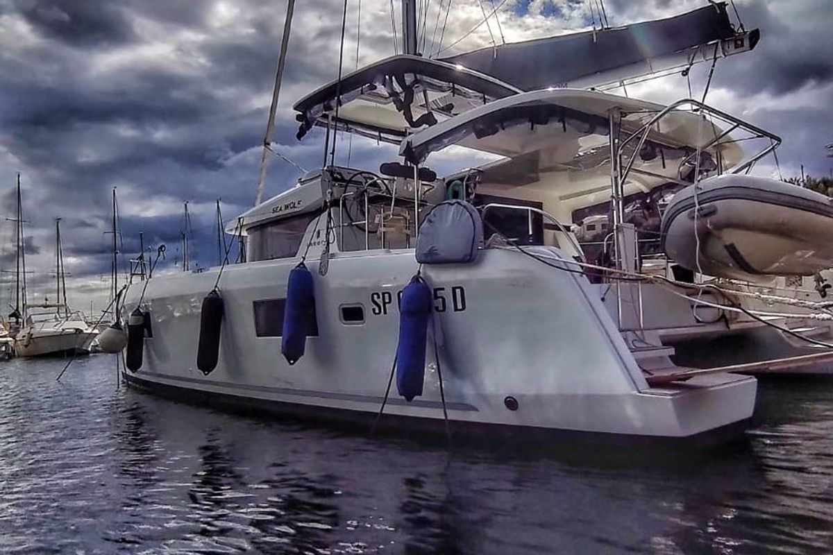 Exterior view of Sea Wolf, a Lagoon 42 catamaran at Olbia, Italy